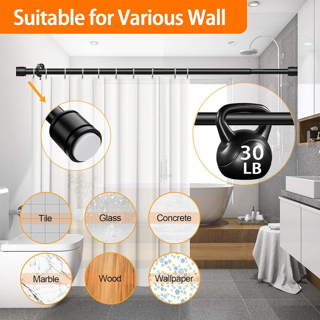 Shower Curtain Rod,Tension Rod 24 to 72 Inch,Never Fall Off,Innovative Buckle,Rustproof,No Drilling,Easy to Install,1 Inch Diameter,Suitable for Bathroom,Window,Door,Wardrobe,Kitchen (Black)