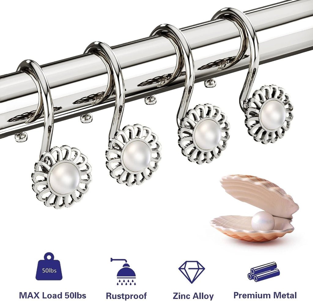 Nickel Shower Curtain Hooks Rings, Decorative Shower Curtain Hangers, Heavy Duty Metal Shower Rings, Sunflower Shower Hooks for Shower Curtain Rod and Liner, Bathroom Curtain Hooks, Set of 12