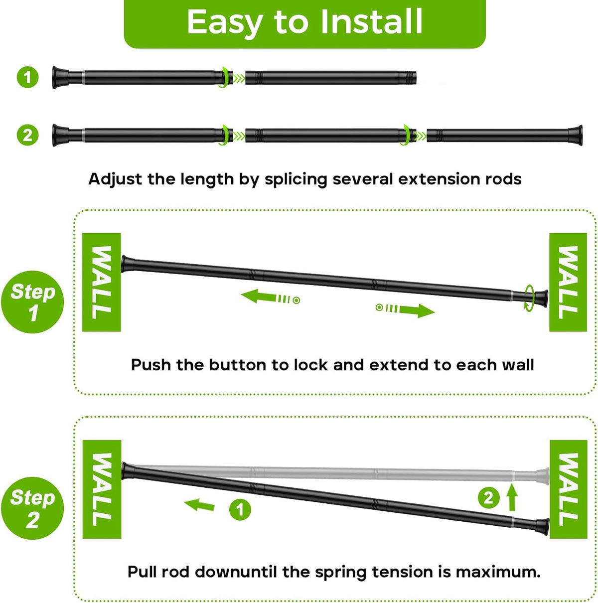 Black Shower Curtain Rod, 32-76 Inches, 7/8 Inch Diameter, 1 Pack