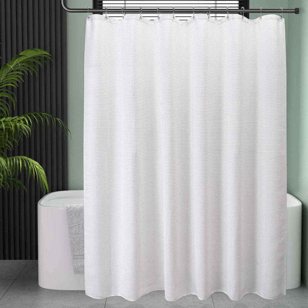 AmazerBath Short Shower Curtain 72x65 Inches, White Shower Curtain Waffle Textured, Heavy Duty 240GSM, Fabric Shower Curtain, Hotel Quality Bathroom Shower Curtains, Thick and Heavy