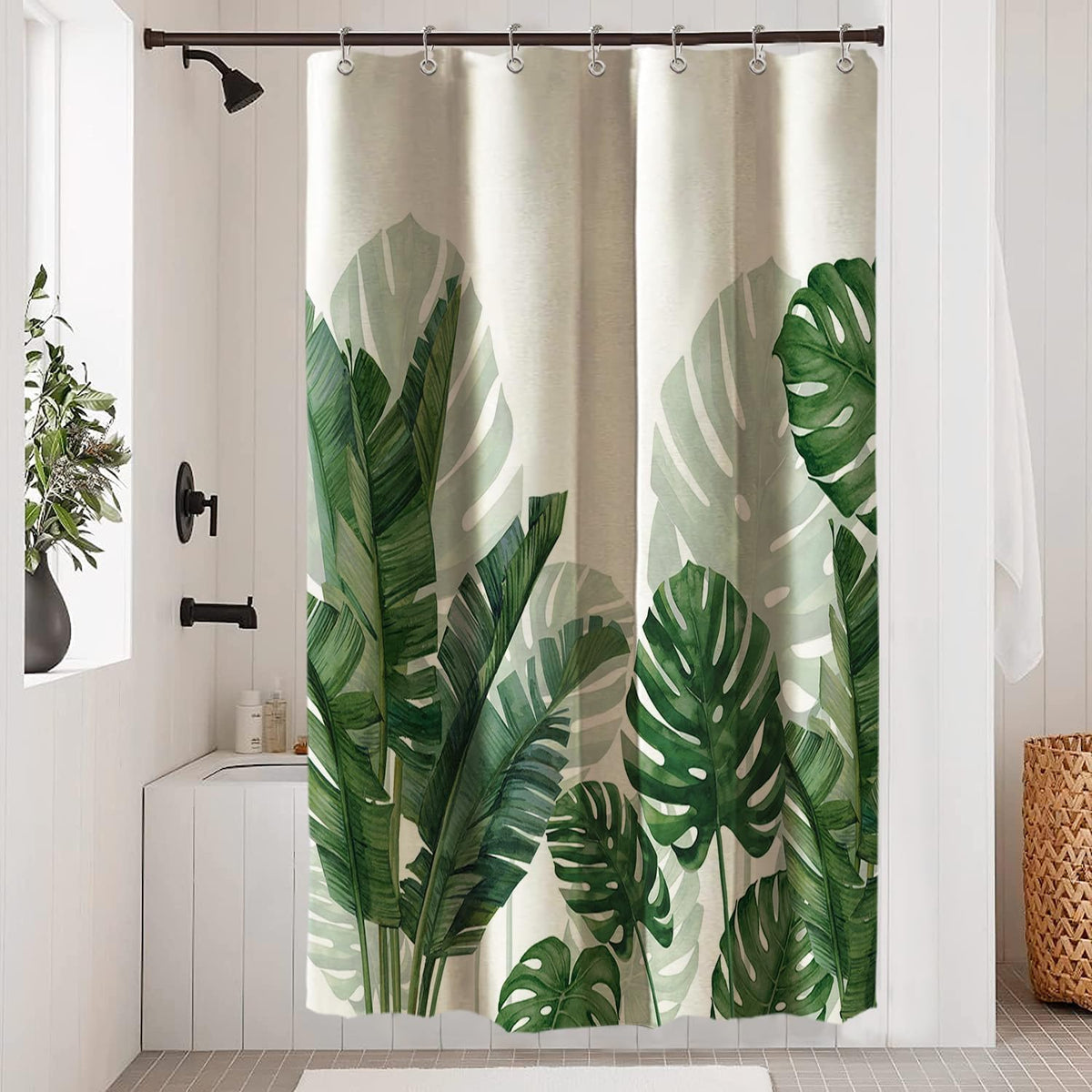 Baccessor Linen Shower Curtain Tropical Green Leaf Shower Curtains Botanical Banana Monstera Leaf Palm Tree Water Repellent Heavy Duty Fabric Cloth Shower Curtain for Bathtubs Hotel 72 W X 72 L Inch