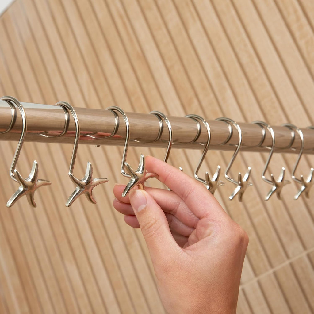 Starfish Shower Curtain Hooks – 12-Pack Decorative Chrome Bathroom Hooks for Bathroom Shower Curtains, Premium Chrome Craftsmanship, Easy Install, Coastal Beach Nautical Decor