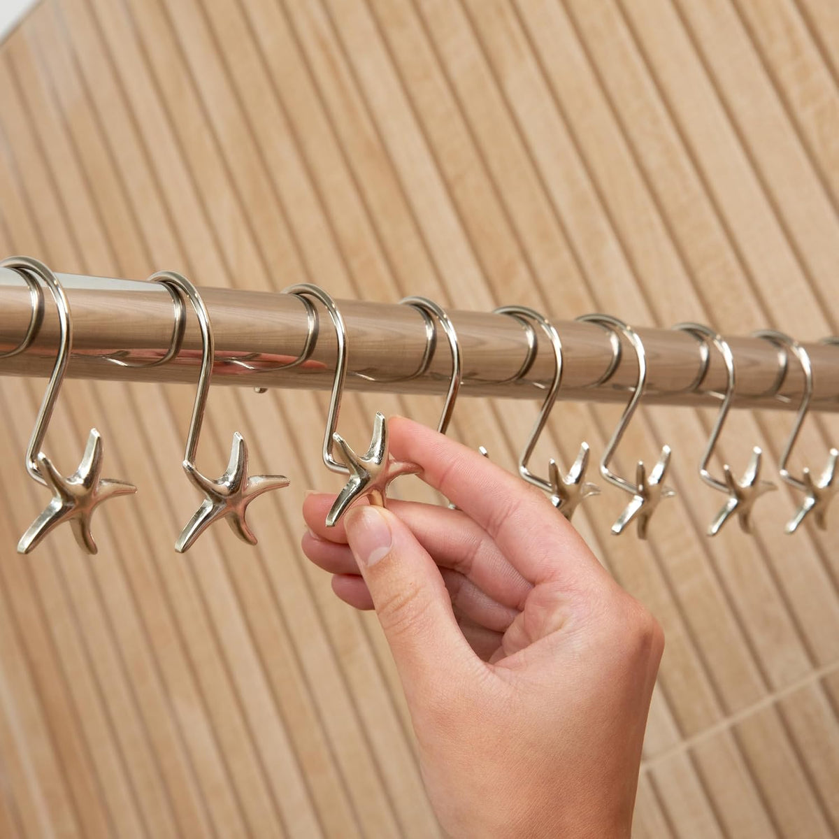 Starfish Shower Curtain Hooks – 12-Pack Decorative Chrome Bathroom Hooks for Bathroom Shower Curtains, Premium Chrome Craftsmanship, Easy Install, Coastal Beach Nautical Decor