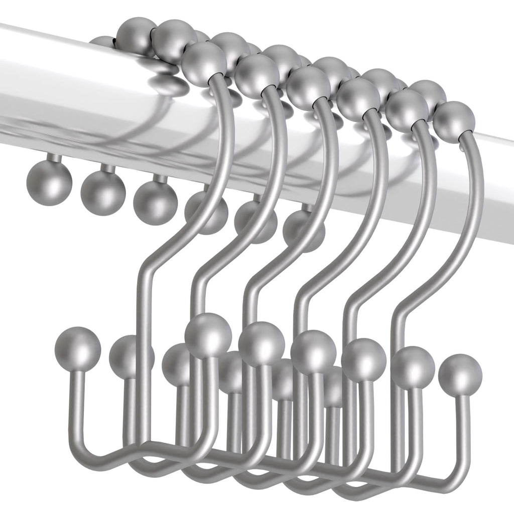Titanker Shower Curtain Hooks Rings, Rust-Resistant Metal Double Glide Shower Hooks for Bathroom Shower Rods Curtains, Set of 12 Hooks - Matte Nickel