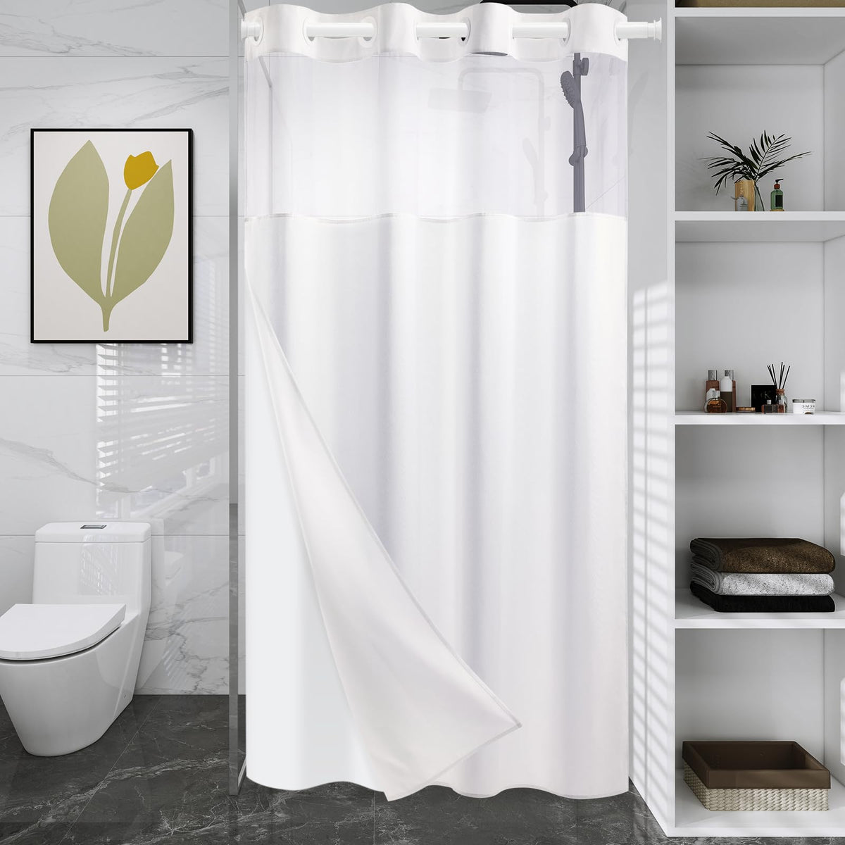 WONICY Hook-Free Shower Curtain with Snap-in Liner, Cream, 71 x 74