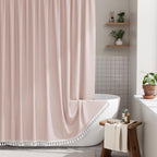 AmazerBath Boho Shower Curtain, Modern Farmhouse Shower Curtain Set with Tassels, Rustic Faux Linen Green Striped Shower Curtain with Hooks, Light Tan Toned, 72x72 Inches