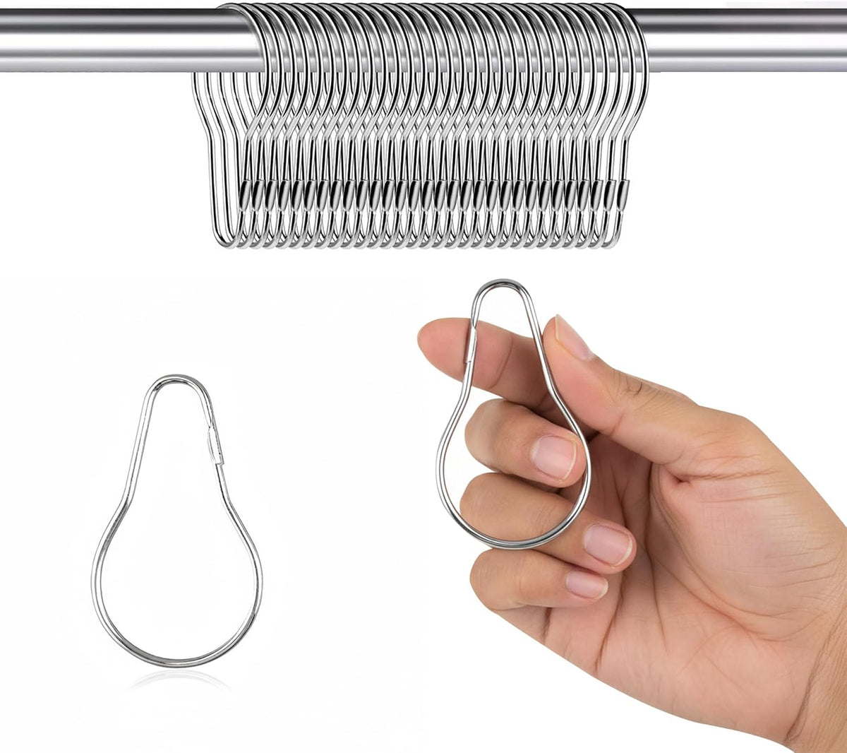 100 Pack Shower Curtain Hooks, 2.5" Metal Shower Curtain Rings, Made of Rust Resistant Nickle-Plated Steel, Pear Shaped Split Rings, Hanging Clips