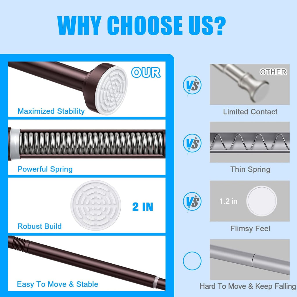 TEECK Shower Curtain Rod, 32-80 inch Adjustable Spring Tension Curtain Rod, Never Rust Anti-Slip Shower Curtain Rod for Bathroom, No Drilling, Never Collapse, Easy to Use, Brown