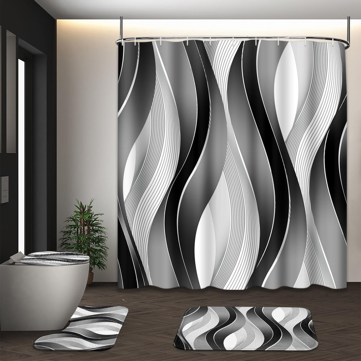 Bathroom Sets with Shower Curtain and Rugs, Set of 4, Checkered