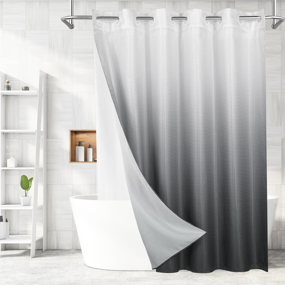 No Hook Weave Fabric Shower Curtain with Snap-in Liner White,72x74