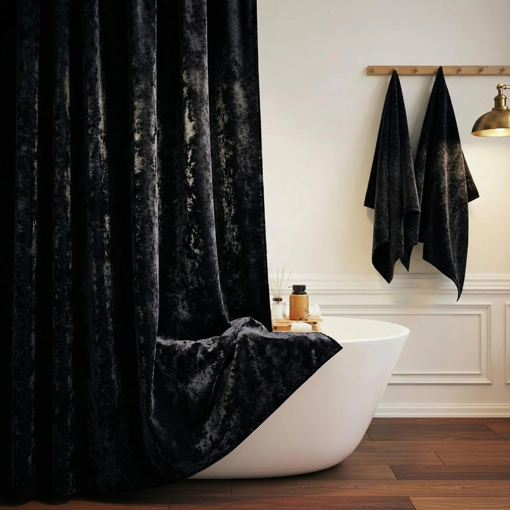 TAMGHO Crushed Velvet Shower Curtain, Dark Green Luxury Shower Curtain with Gold Decro Metal Hooks, Machine Washable Thick Fabric Bathroom Curtain, 72x72