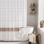 AmazerBath Boho Shower Curtain, Modern Farmhouse Shower Curtain Set with Tassels, Rustic Faux Linen Green Striped Shower Curtain with Hooks, Light Tan Toned, 72x72 Inches