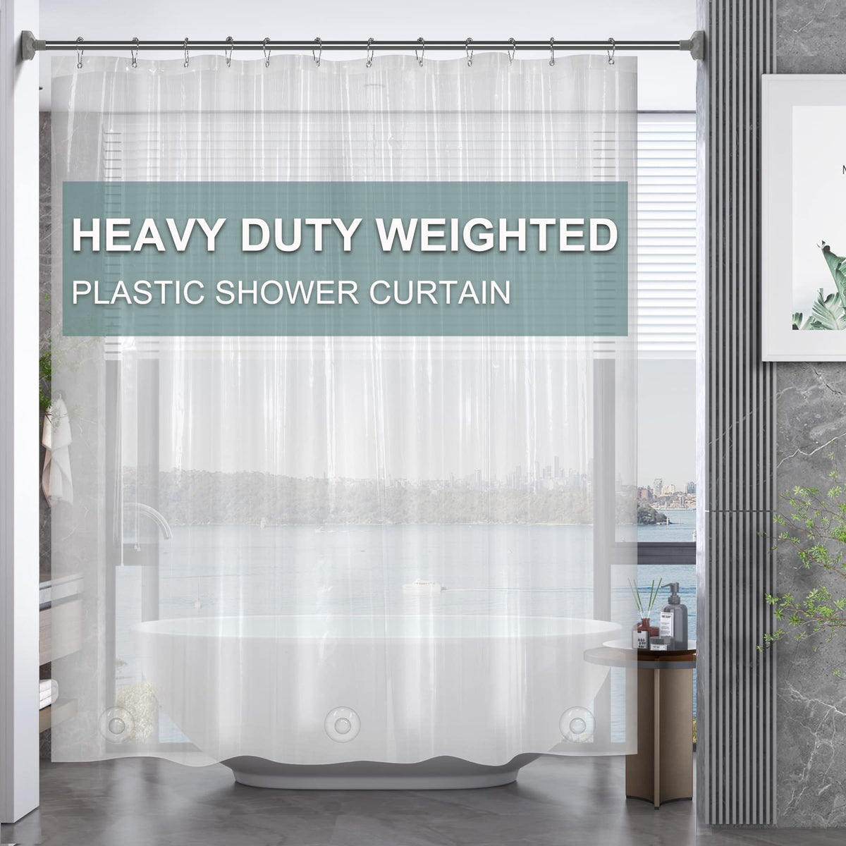 AmazerBath Black Shower Curtain Liner Plastic, Thick PEVA Shower Curtain Black, Dark Shower Liner Heavy Duty 8G, Black Bathroom Curtain Waterproof with 3 Weighted Stones and 12 Grommets, 72x72 Inches