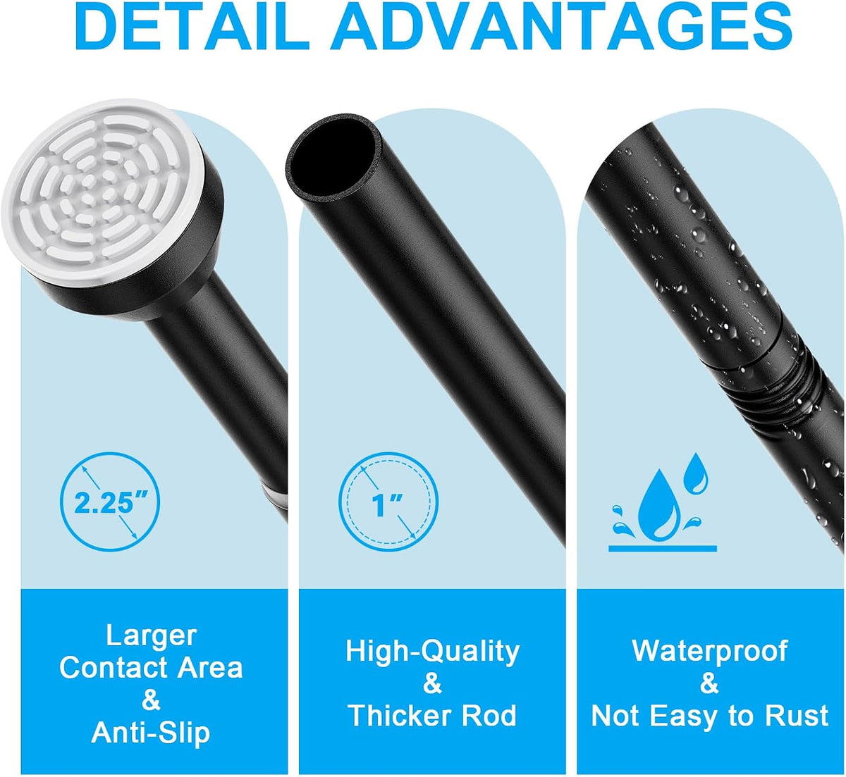 TEECK Shower Curtain Rod, 32-79 inch Adjustable Tension Spring, 1 Inch Shower Curtain Rod Tension, Anti-Slip, Rust-Proof, No Drilling, for Bathroom, Black