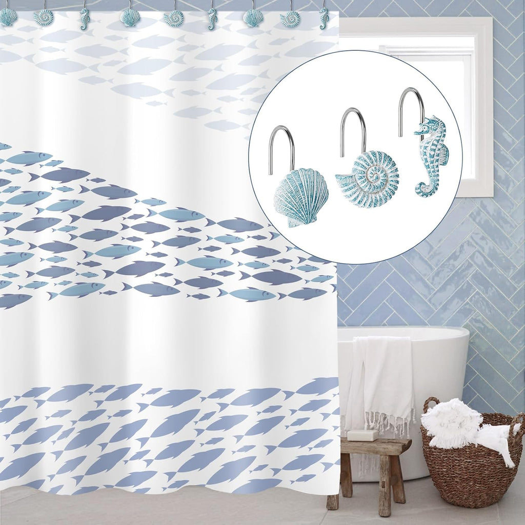 Sunlit Seashells Decorative Shower Curtain Hooks, Aqua Blue Ocean Creatures Coastal Shower Curtain Rings, Resin, Nautical Bathroom Decoration Beach Hooks-12 Pack