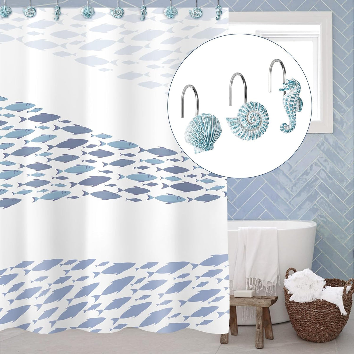 Sunlit Seashells Decorative Shower Curtain Hooks, Aqua Blue Ocean Creatures Coastal Shower Curtain Rings, Resin, Nautical Bathroom Decoration Beach Hooks-12 Pack