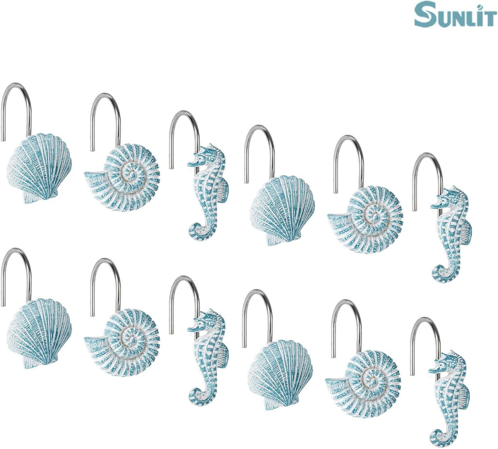 Sunlit Seashells Decorative Shower Curtain Hooks, Aqua Blue Ocean Creatures Coastal Shower Curtain Rings, Resin, Nautical Bathroom Decoration Beach Hooks-12 Pack