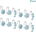 Sunlit Seashells Decorative Shower Curtain Hooks, Aqua Blue Ocean Creatures Coastal Shower Curtain Rings, Resin, Nautical Bathroom Decoration Beach Hooks-12 Pack