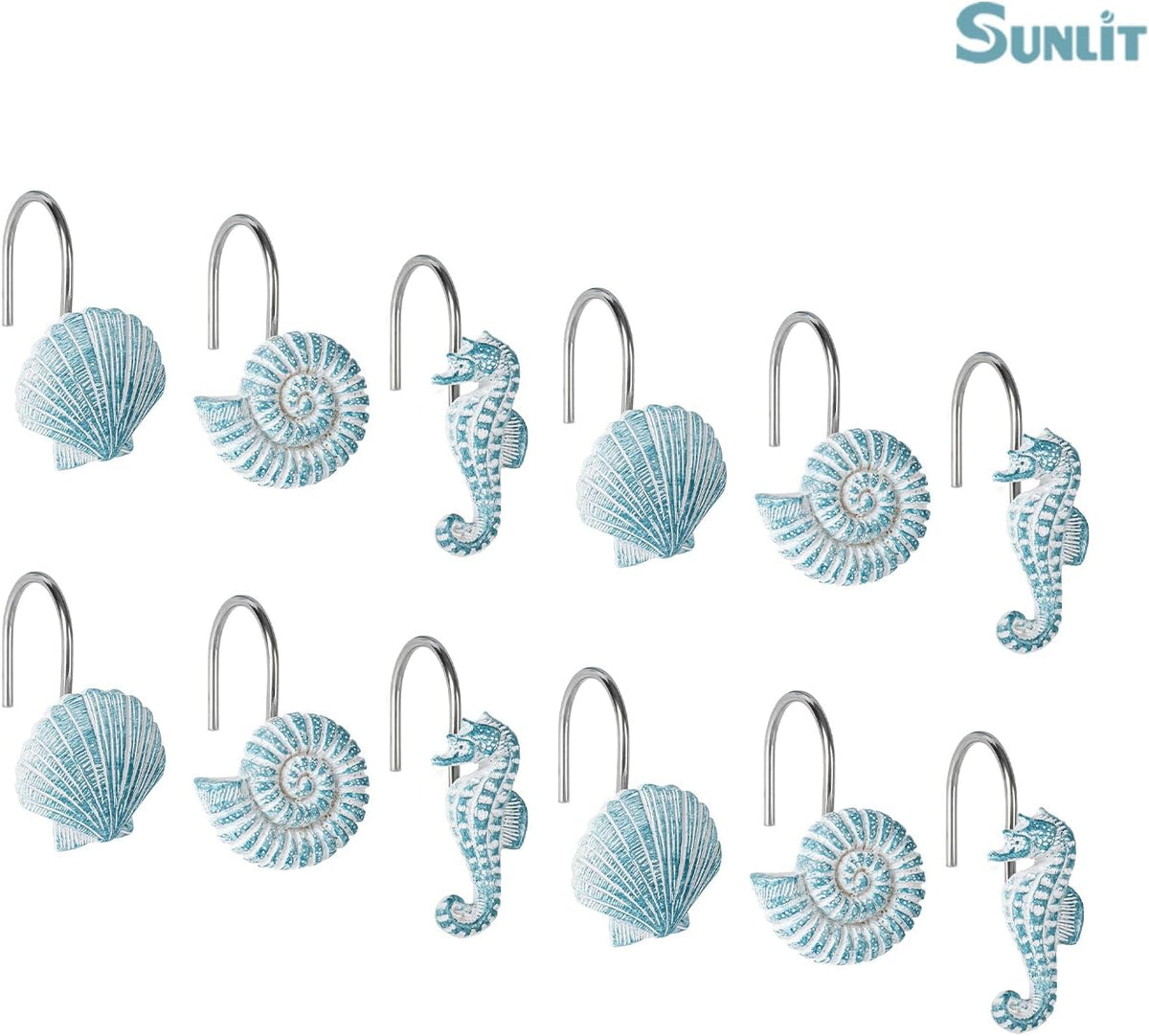 Sunlit Seashells Decorative Shower Curtain Hooks, Aqua Blue Ocean Creatures Coastal Shower Curtain Rings, Resin, Nautical Bathroom Decoration Beach Hooks-12 Pack