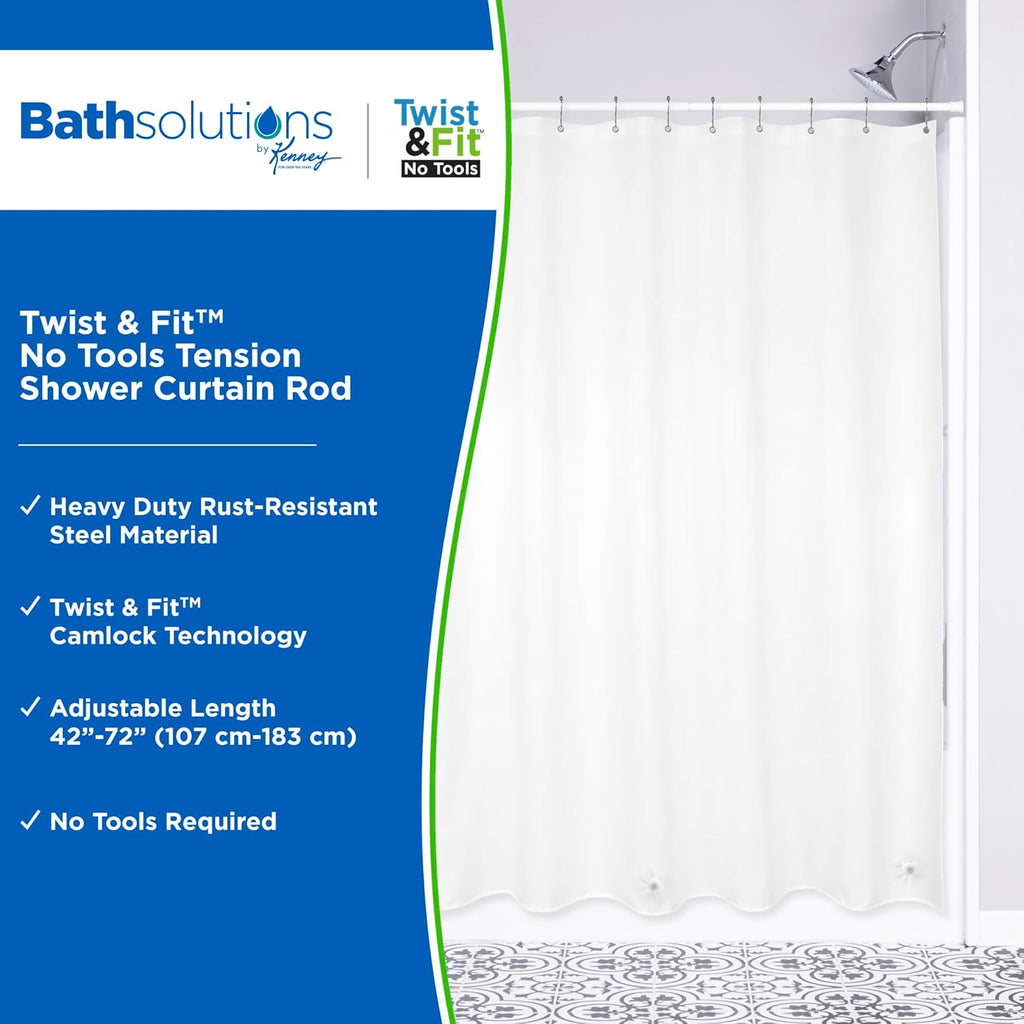 Kenney KN609C/10 Twist & Fit No Tools Camlock Tension Easy Install Shower Curtain Rod with Non-Slip, Non-Scratch Ends, 42-72" Adjustable Length, White, 1" Diameter Rust Resistant Steel Tube