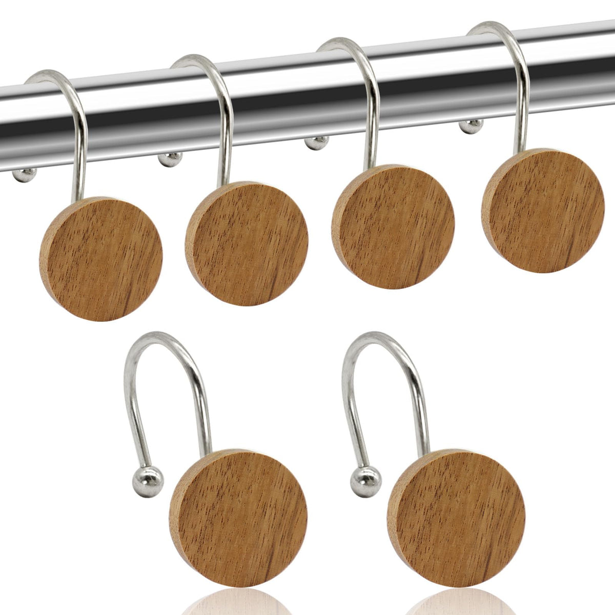 Shower Curtain Hooks, Wood Decorative Shower Curtain Rings, Modern Round Log Shower Curtain Hangers, 12PCS Metal Shower Hooks for Shower Curtain Rod, Bathroom, Bedroom, Living Room (Black)
