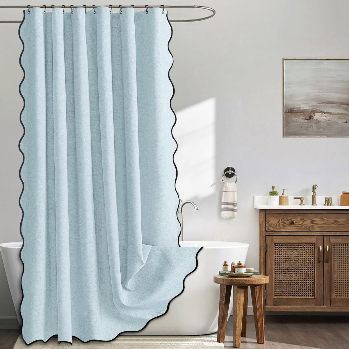 MIULEE Beige Scalloped Shower Curtain Linen Textured with 12 Metal Hooks Cute Heavy Duty Washable Waterproof Neutral Thick Cloth Shower Curtains with Black Border for Bathroom Bathtub,W72*L72 Cream