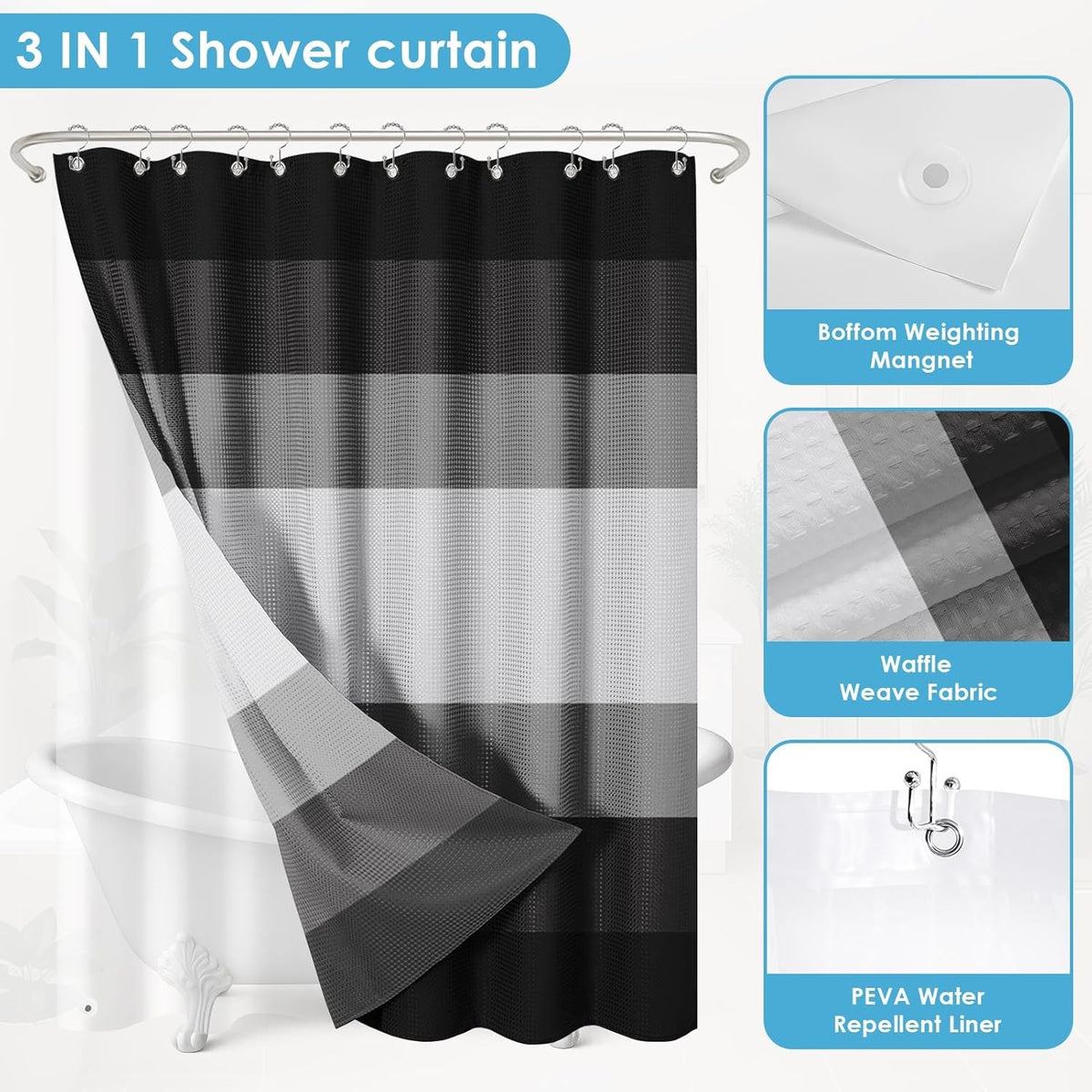 3 in 1 Shower Curtain and Liner,72 x 72 inch, Striped Grey