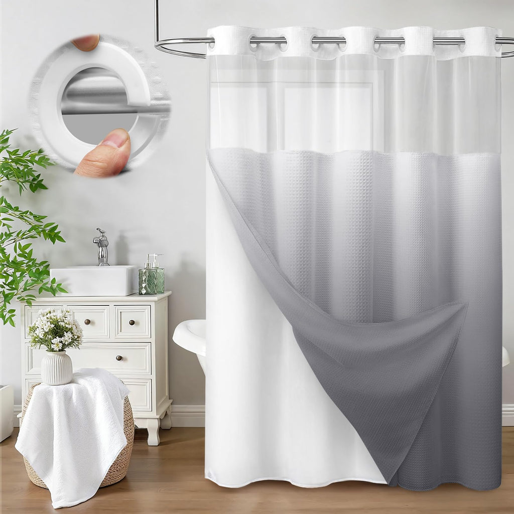 No Hook Shower Curtain with Liner Set Hotel Waffle Curtain White 72W X 75L