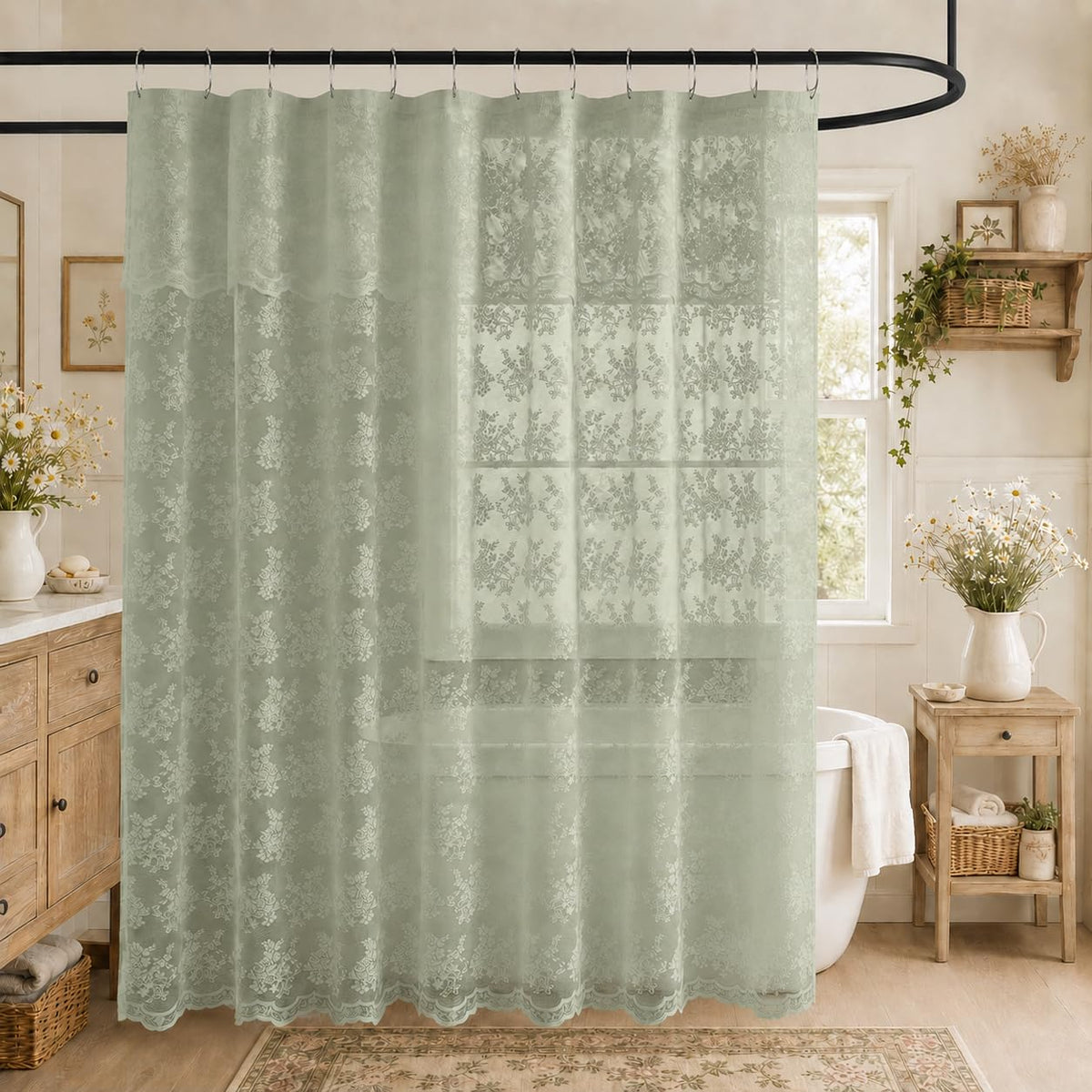 TUDECO Lace Brown Shower Curtain with Attached Valance, 72 x 72 Inch