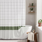 AmazerBath Boho Shower Curtain, Modern Farmhouse Shower Curtain Set with Tassels, Rustic Faux Linen Green Striped Shower Curtain with Hooks, Light Tan Toned, 72x72 Inches