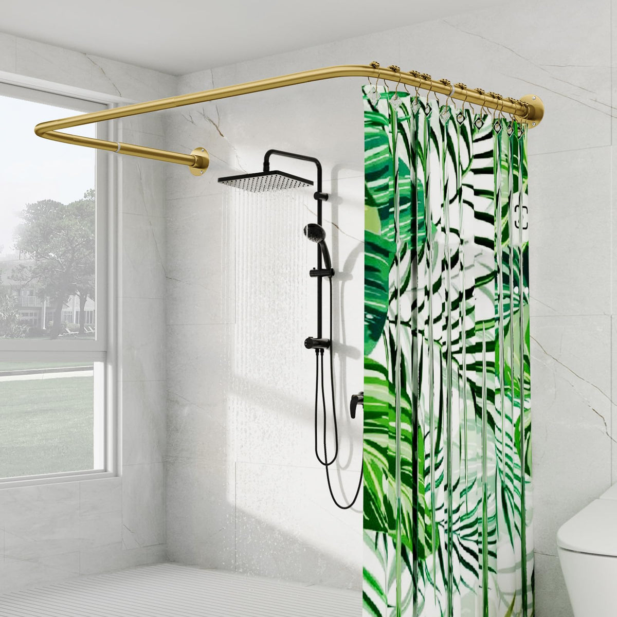 U Shaped Shower Curtain Rod, [Both Sides: 23"-52", Middle: 31"-46.5"] Adjustable U Shape Shower Rod Black Outdoor Corner Curtain Pole for Bathroom Bathtub with Ceiling Support & 12 Hooks