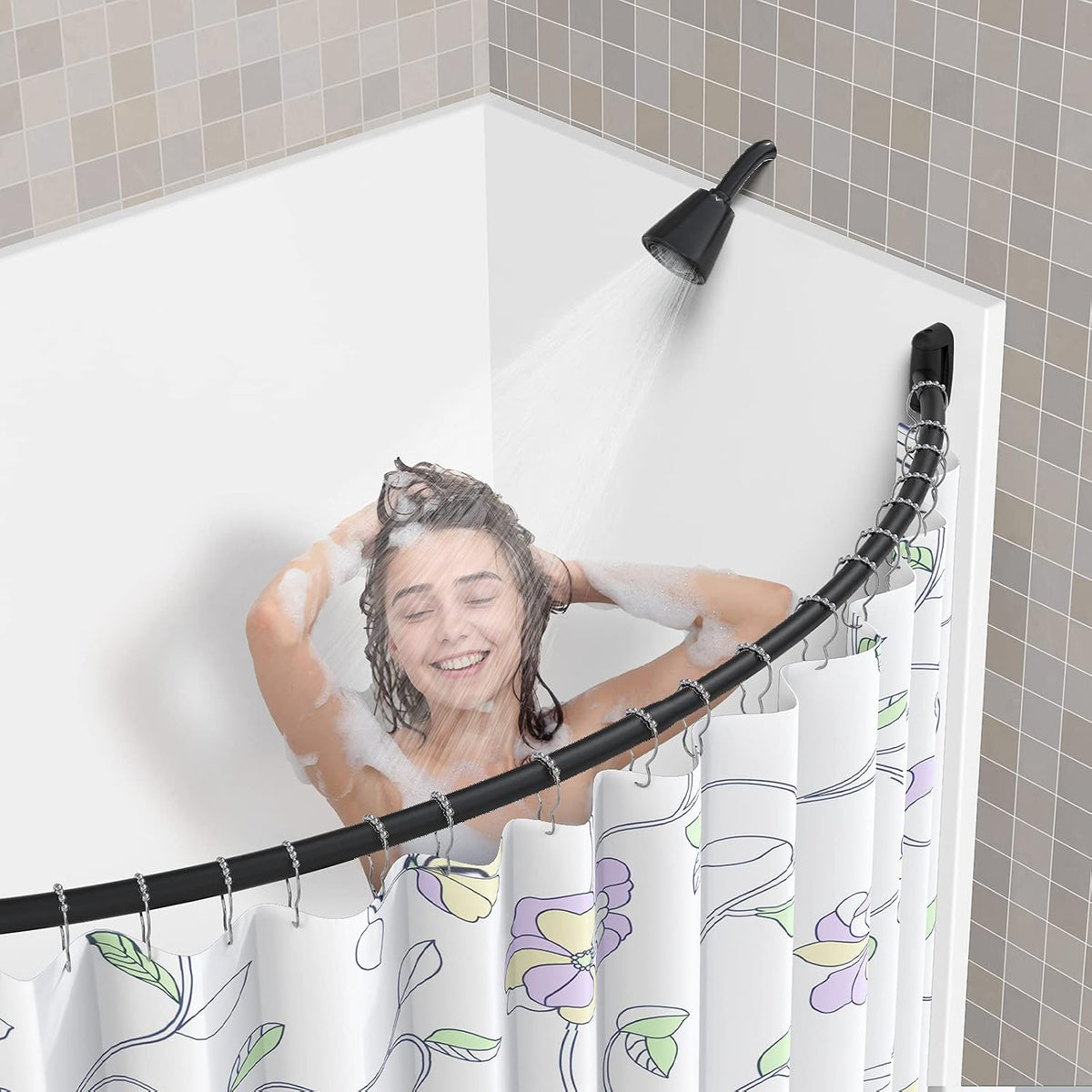 Tlooe Curved Shower Curtain Rod, 45-72 inches Adjustable Arched Shower Curtain Curved Rods, Rustproof Round Never Fall Design for Bathroom, Black, Need to Drill