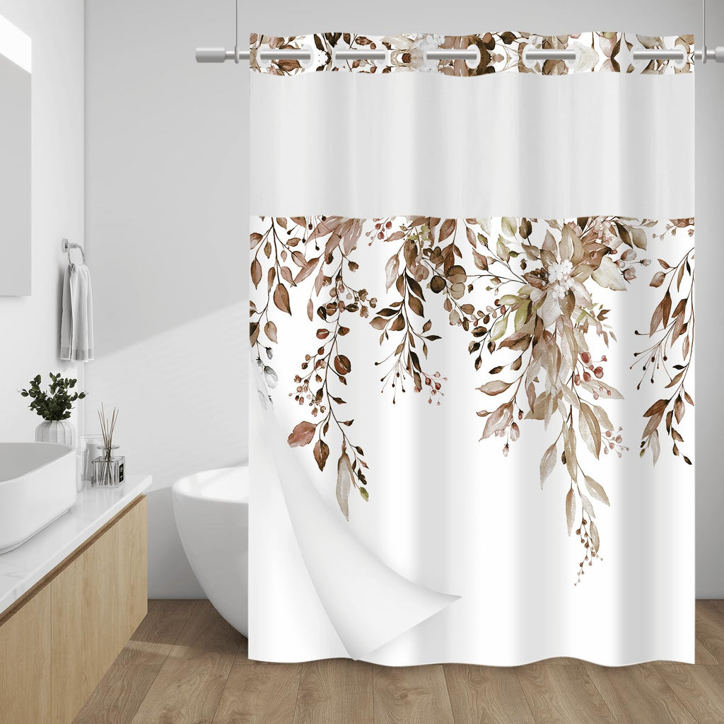 WITHLOC Hook Free Floral Shower Curtain with Liner, Blue Beige, 71x74