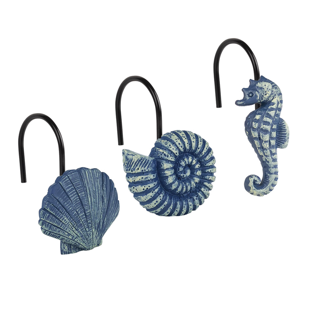 Sunlit Seashells Decorative Shower Curtain Hooks, Aqua Blue Ocean Creatures Coastal Shower Curtain Rings, Resin, Nautical Bathroom Decoration Beach Hooks-12 Pack