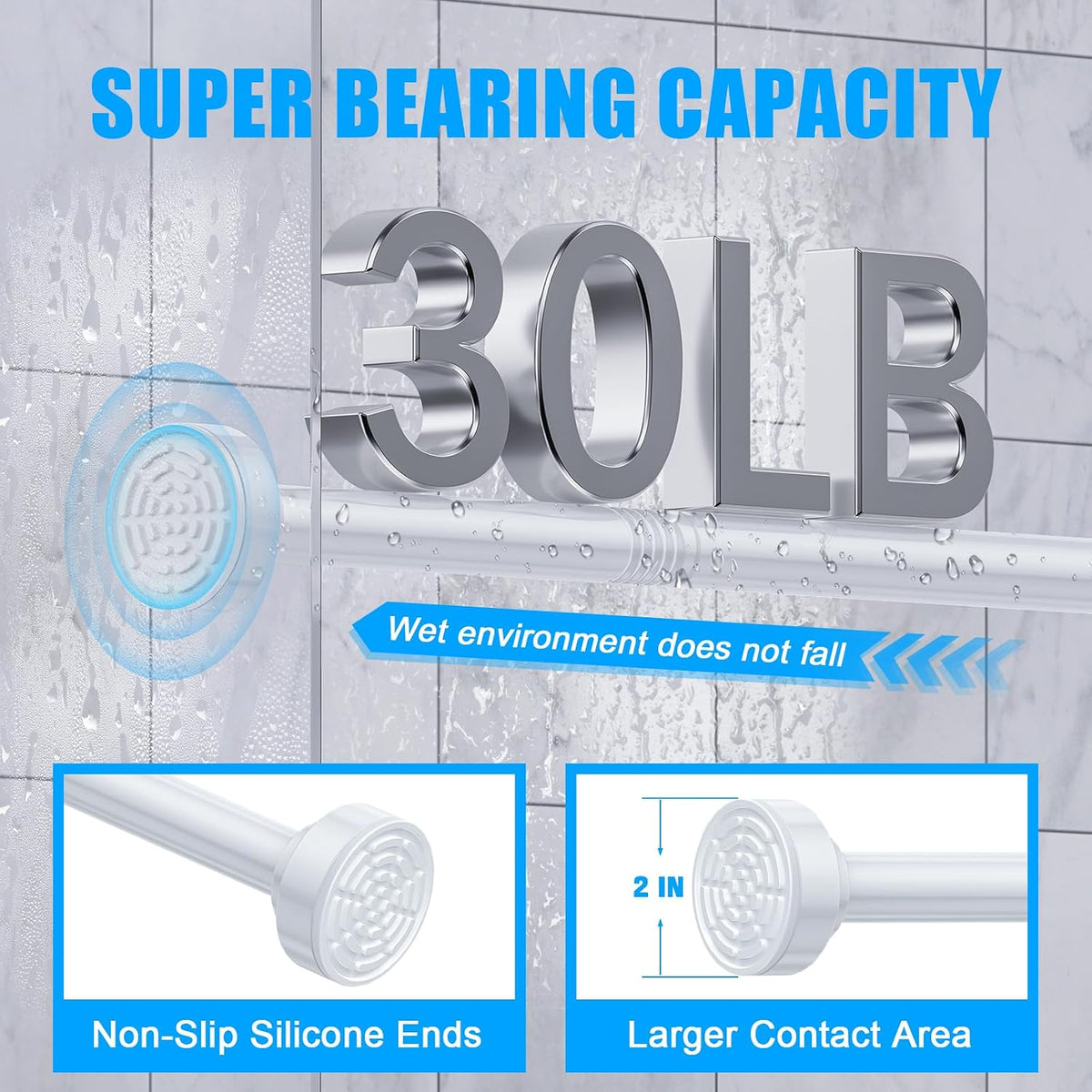TEECK Shower Curtain Rod, 32-80 inch Adjustable Spring Tension Curtain Rod, Never Rust Anti-Slip Shower Curtain Rod for Bathroom, No Drilling, Never Collapse, Easy to Use, White