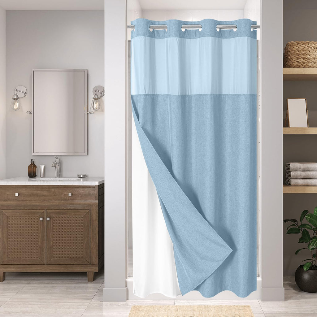 Eachope No Hooks Polyester Textured Shower Curtain with Snap-in Fabric Liner Set, Hotel Luxury Decor Shower Curtains for Bathroom with See Through Top Window, Waterproof & Washable, 71Wx74H, Cream