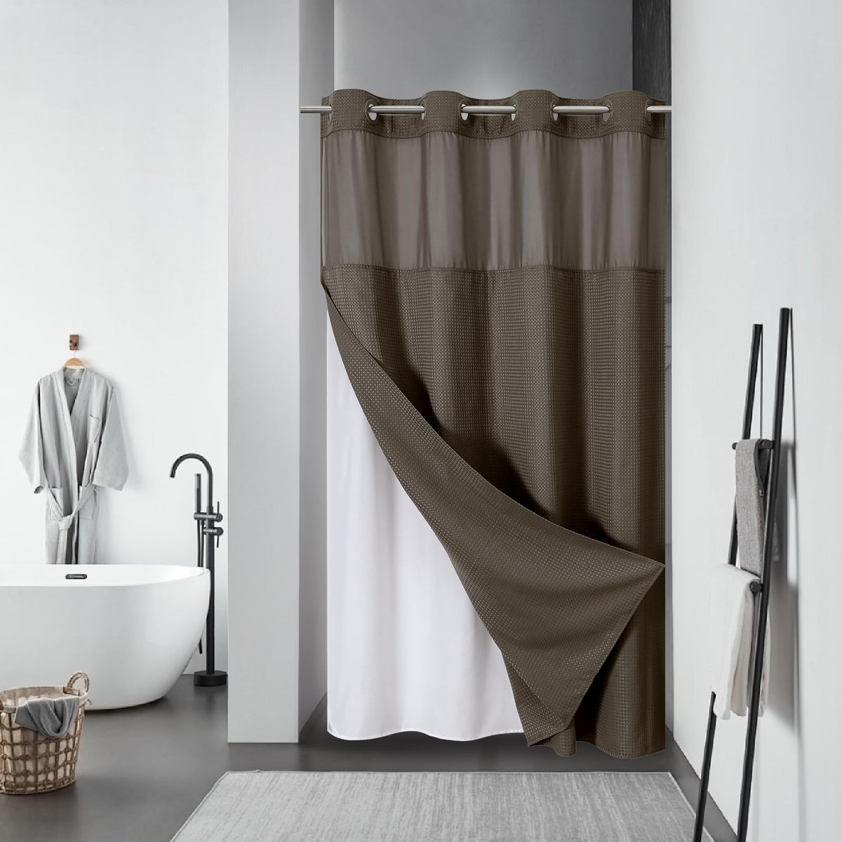 eachope No Hook Waffle Shower Curtain with Snap-in Liner, 71x74 Inch, White