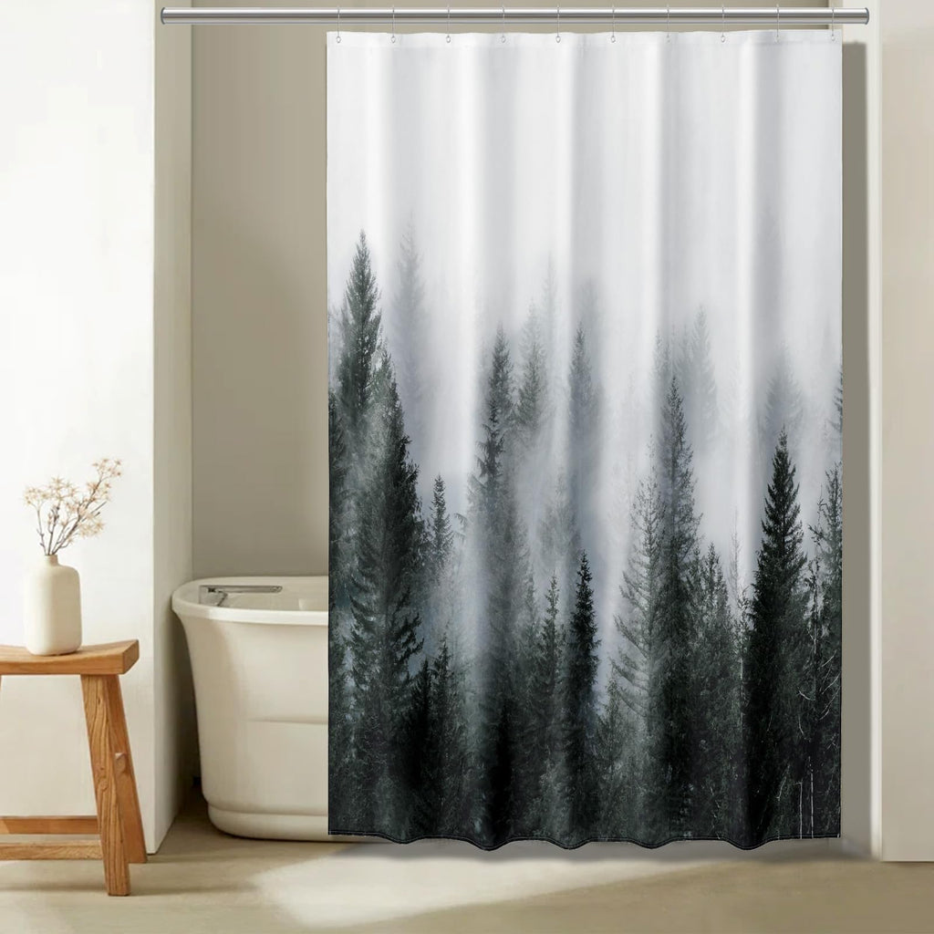 ORTIGIA Dark Green Misty Forest Shower Curtain for Bathroom, Nature Woodland Shower Curtain Set with Hooks, Decorative Pine Tree Fog Magic Bath Curtain for Home, Waterproof Fabric, Weighted, 72x72