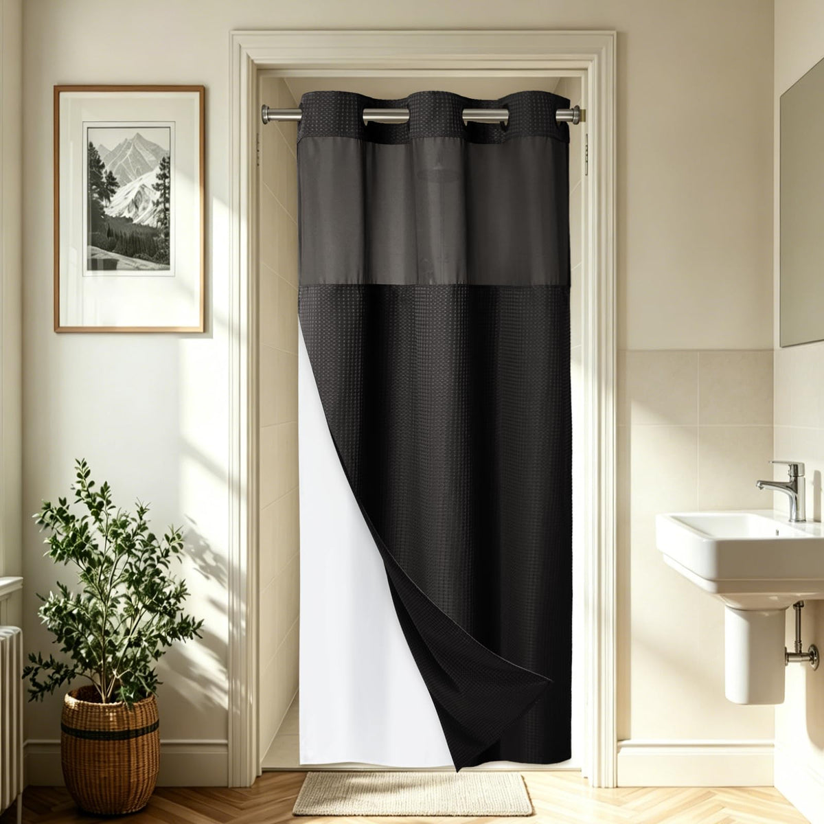 256GSM Heavyweight Ringless Waffle Shower Curtain with Liner, 71x74, White