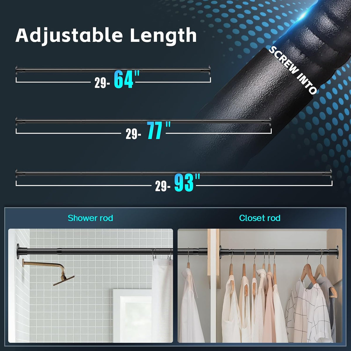 Shower Curtain Rods, 29-64inch Adjustable Shower Pole - Heavy Duty Shower Rods for Bathroom Matte Black (1 Pack)