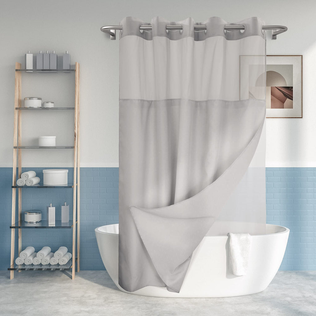 River Dream No Hook Shower Curtain with Snap-in Liner Set, Dark Gray, 71x74