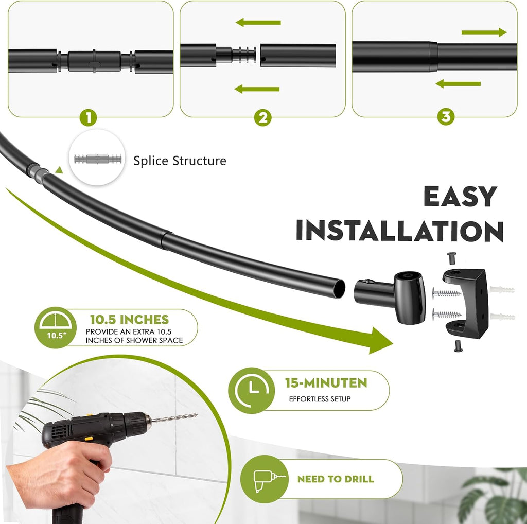 Curved Shower Curtain Rod， Adjustable 33-78 Inches Matte Black All Stainless Steel Curved Shower Rod，Shower Curtain Rod for Extra Shower Space for Bathroom, Bathtub, Stall, No Rust, Need to Drill