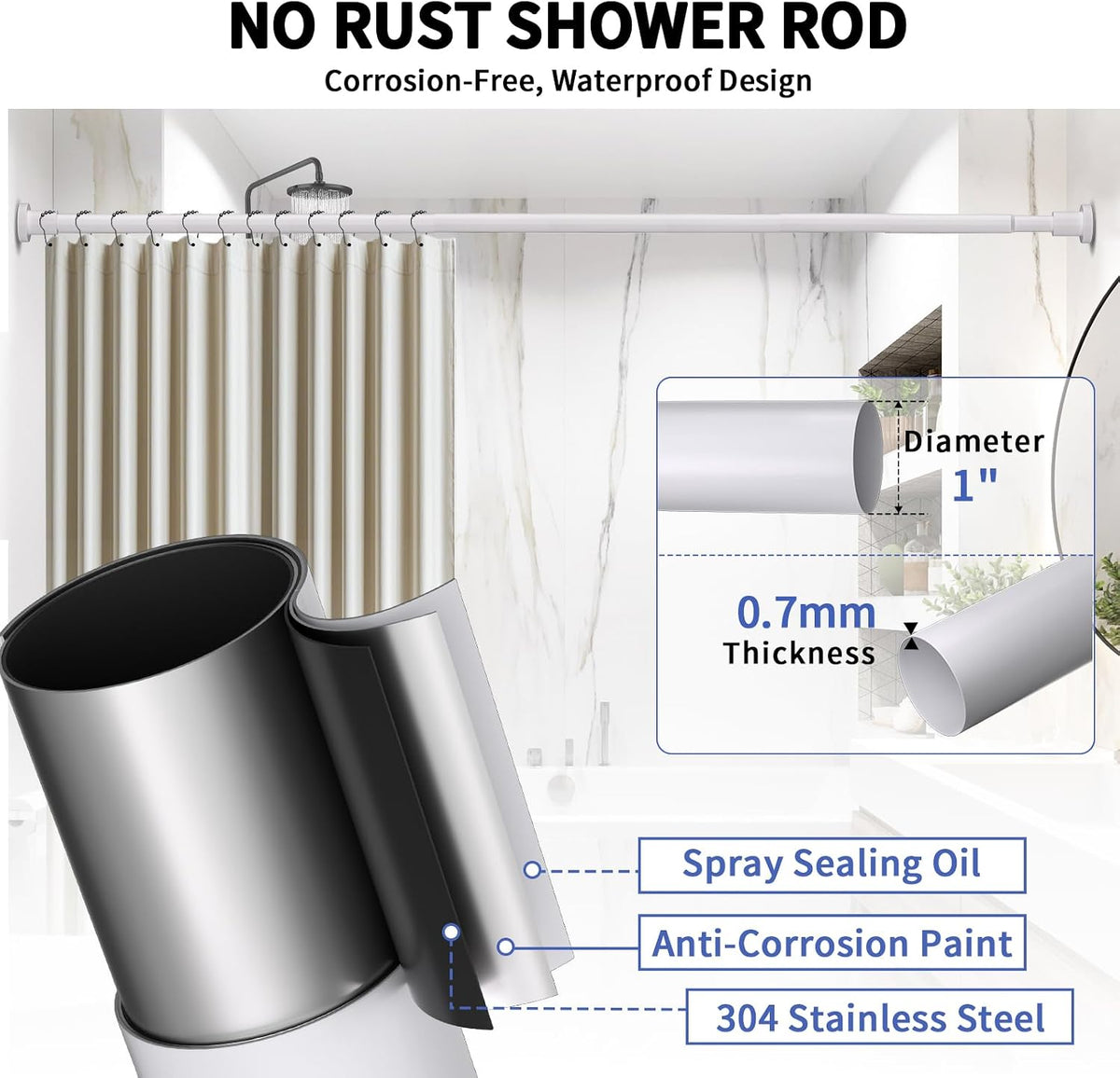 ZYRW White Shower Curtain Rod 36-84 Inches No Drill Adjustable Shower Rod