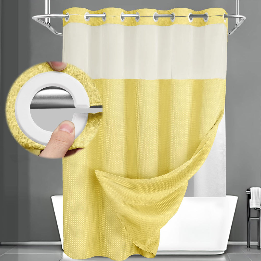 No Hook Shower Curtain with Liner Set Hotel Waffle Curtain White 72W X 75L