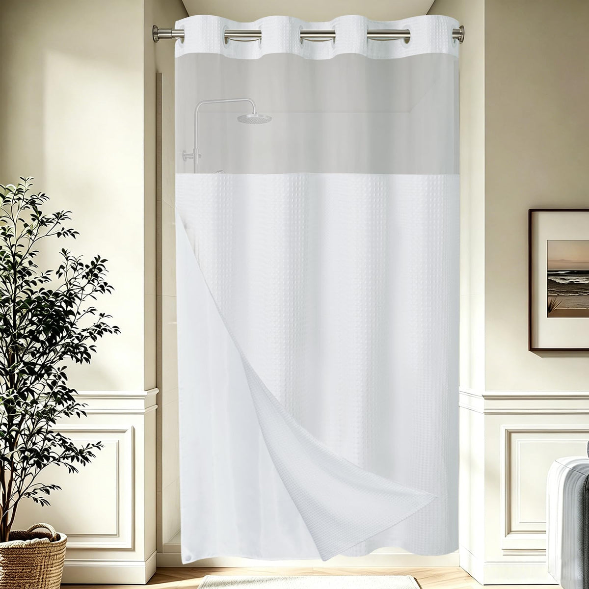 256GSM Heavyweight Ringless Waffle Shower Curtain with Liner, 71x74, White