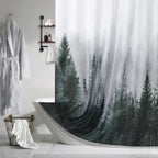 ORTIGIA Dark Green Misty Forest Shower Curtain for Bathroom, Nature Woodland Shower Curtain Set with Hooks, Decorative Pine Tree Fog Magic Bath Curtain for Home, Waterproof Fabric, Weighted, 72x72