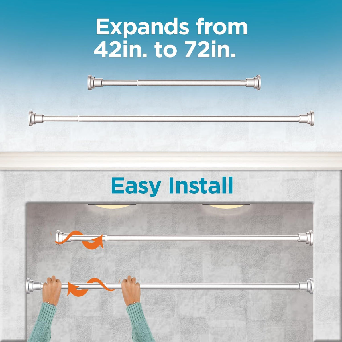 BLACK+DECKER Tension Shower Curtain Rod 42-72 Inch – Drill-Free Adjustable Curtain Rod, Rust-Resistant Stainless Steel Tension Curtain Rod for Shower, Bathroom, Window, Closet – 35 lb Capacity