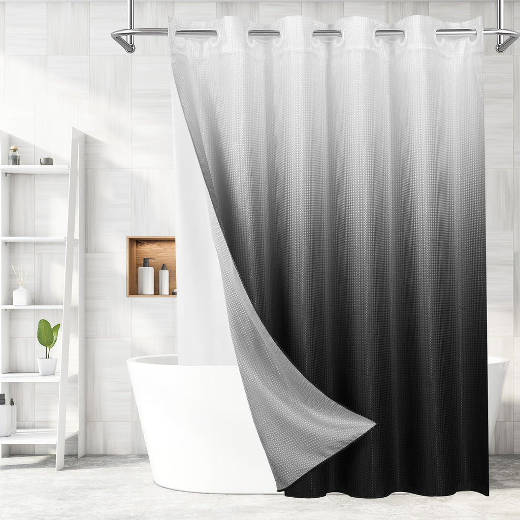 No Hook Weave Fabric Shower Curtain with Snap-in Liner White,72x74