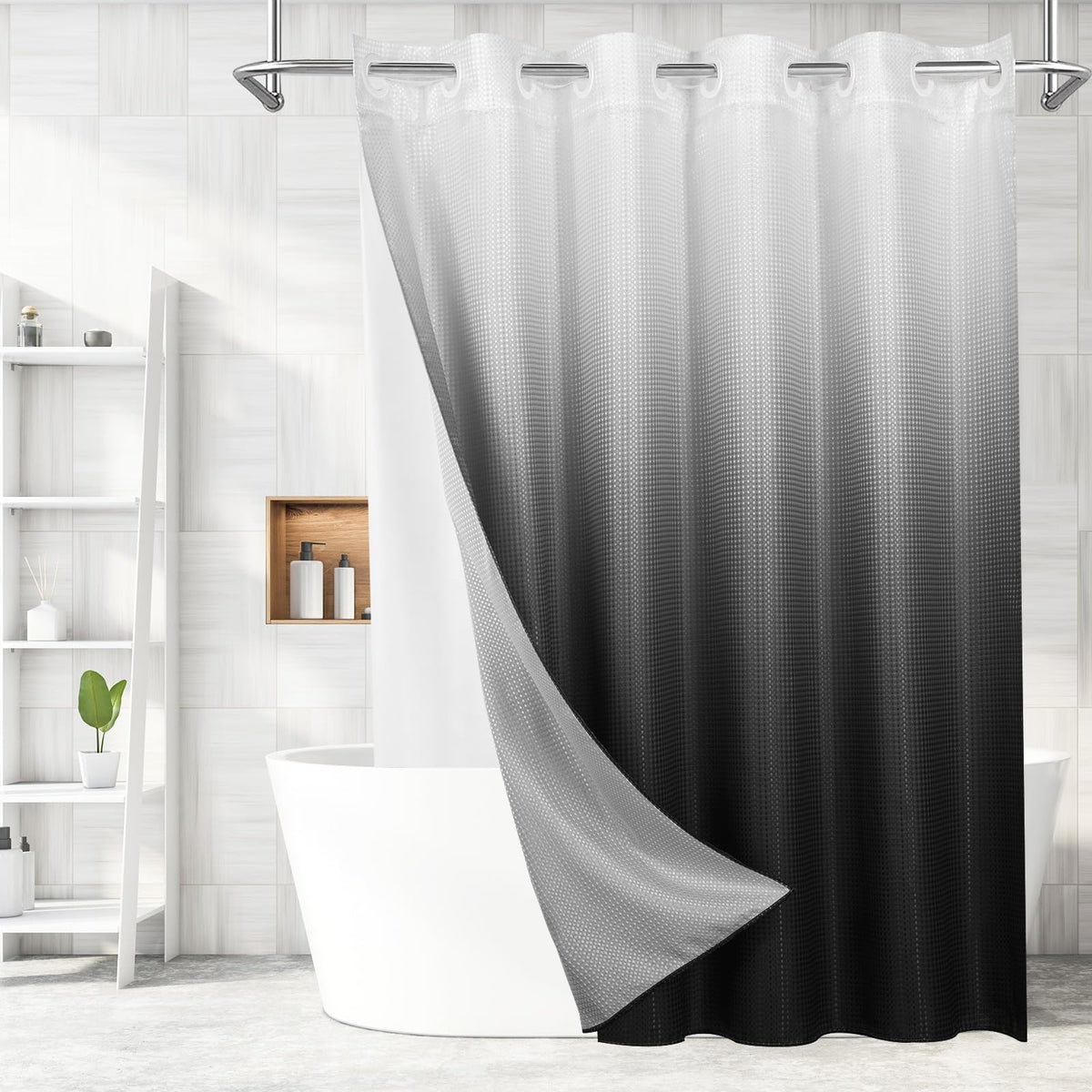 No Hook Weave Fabric Shower Curtain with Snap-in Liner White,72x74