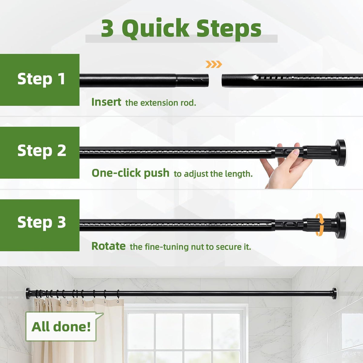 Shower Curtain Rod Tension No Drilling, Adjustable 39-122 In, Black